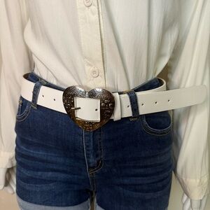 White PU leather silver tone heart buckle studded skinny belt